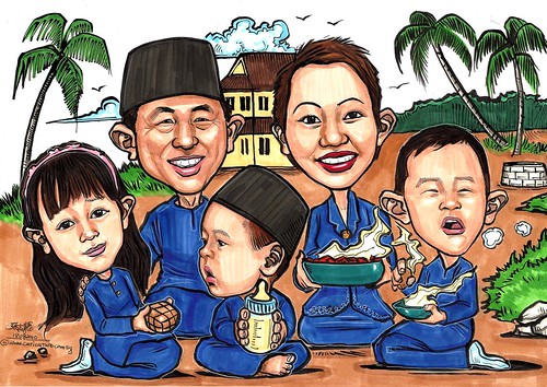 Ken's family caricature Kampung Hari Raya A3