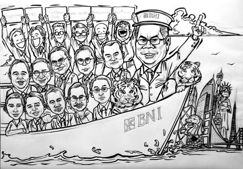 Group caricatures for Goldman Sachs - pen and brush outline