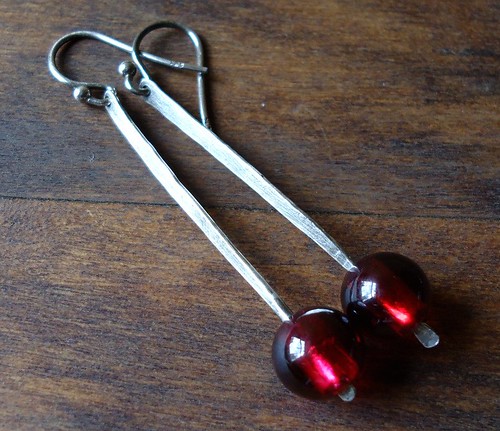 Pierced Silver Stick Earrings with Red Balls