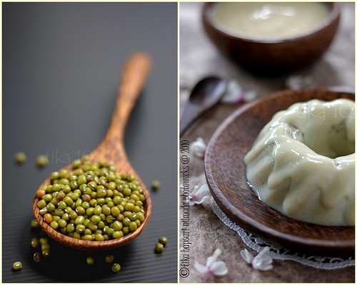 Mung bean pudding with cheddar cheese sauce