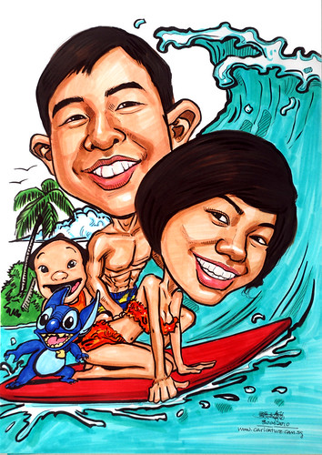 Couple caricatures surfing with Lilo and Stitch