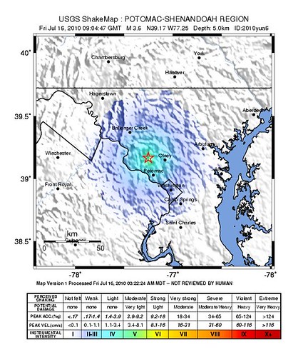 Instrumental Intensity map, DC earthquake 7/16/2010