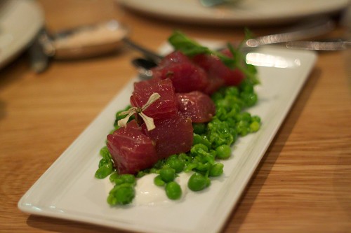 tuna tartare with crushed green pea salad
