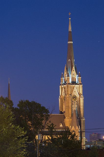 Saint Francis de Sales Oratory, in Saint Louis, Missouri, USA - view of tower at night