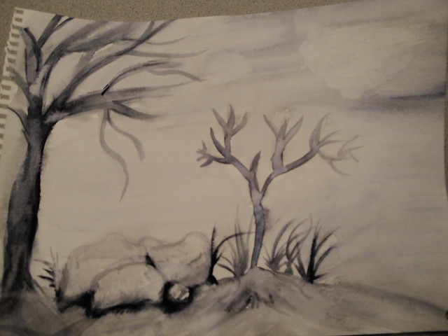 We learned shadows, painting in black/white, and painting rocks and trees.