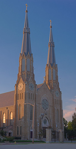 Cathedral of Saint Mary of the Immaculate Conception, in Peoria, Illinois, USA - exterior front at sunset