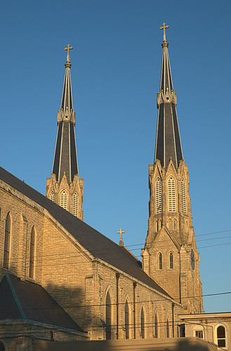 Cathedral of Saint Mary of the Immaculate Conception, in Peoria, Illinois, USA - exterior back at sunset