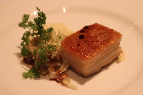 confit belly of pork with baked apple puree, apple balsamic