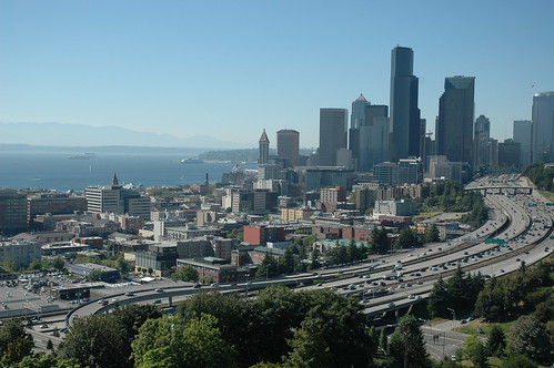 Our town, Seattle, Washington, view of Hi 5, skyscrapers, top of the Space Needle, Puget Sound, from Amazon.com, Beacon Hill, on a lovely summer day, USA by Wonderlane
