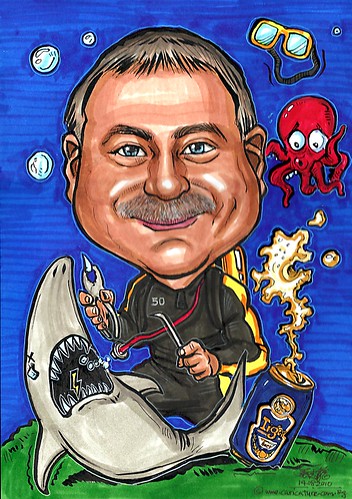 dentist caricature @ work underwater with moustache