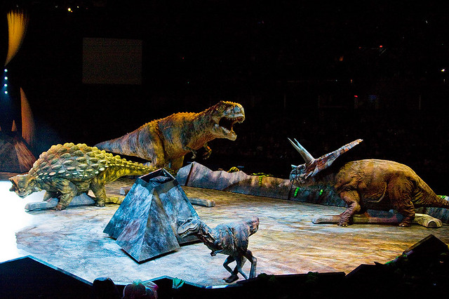 Tyrannosaurus Rex protecting her baby for the Torosaurus and Ankylosaurus