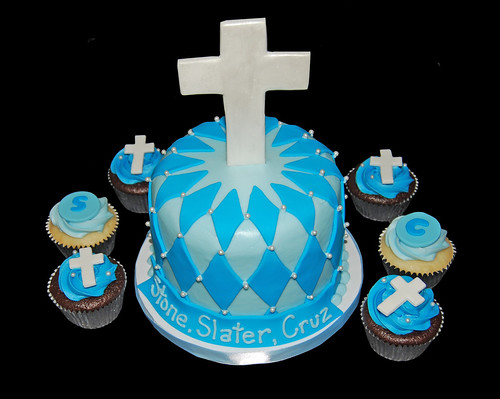 Blue Baptism Cupcake Tower