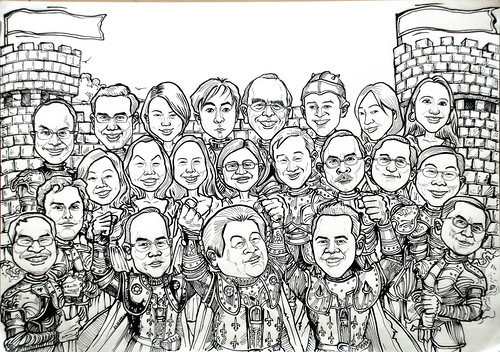 Group knight caricatures for PricewaterhouseCoopers - ink