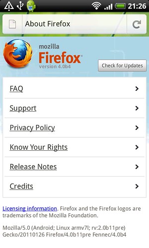 Screenshot of Mobile Firefox, on HTC Desire