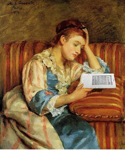 Mrs. Duffee Seated on a Striped Sofa, Reading Her Kindle, After Mary Cassatt