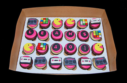 80s themed 40th birthday cupcakes, pacman, boom box, casette, rubix cube