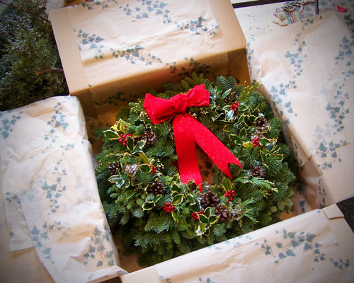 fresh wreath boxed for shipping