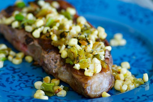 grilled steak with hatch chile, corn, and shallot sauce
