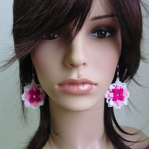 Crochet Bobble Flower Earrings in Pink and White