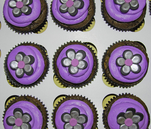 purple, black and silver flower birthday cupcakes