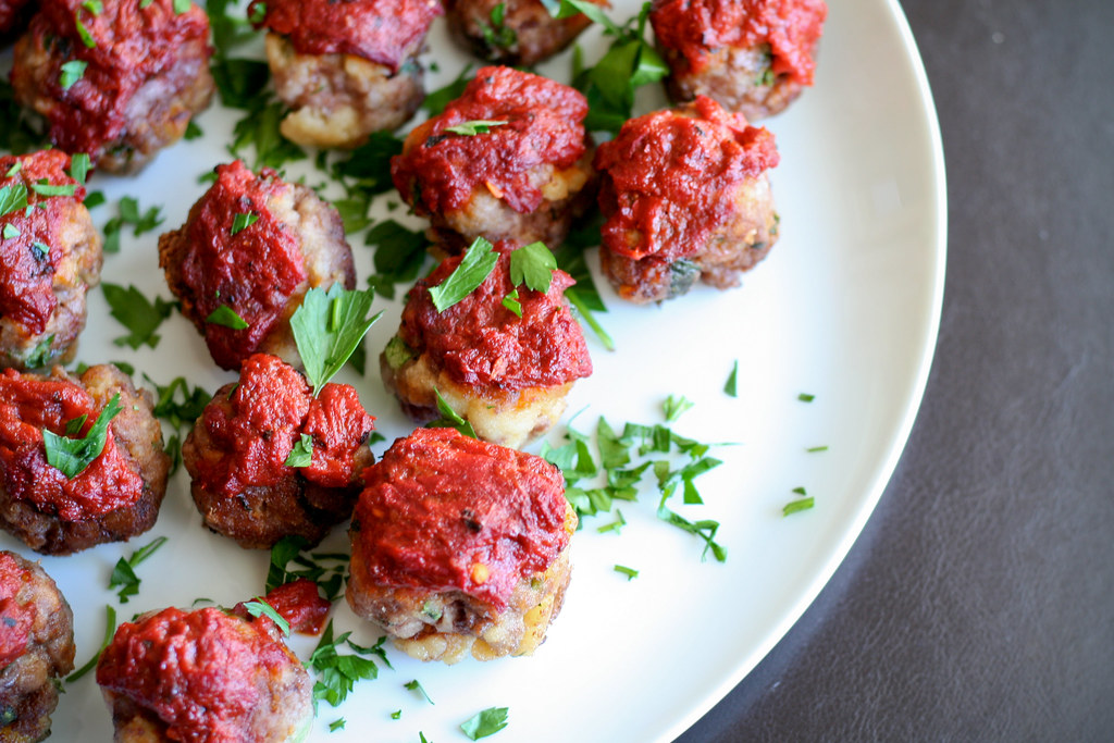 Meatballs with Roaster Pepper Tomato Sauce