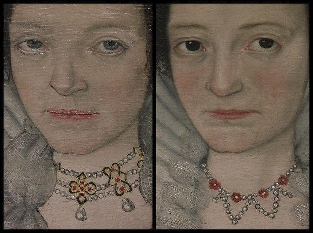 Jewellery details of The Cholmondeley Ladies, British School, about 1600-10