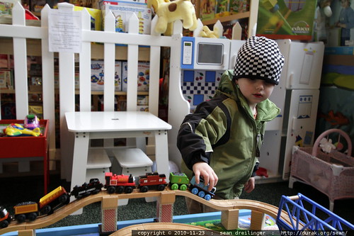 playing with thomas the tank engine on a train table @ frogpond toy store - MG 2794.JPG