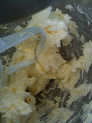 Creaming together butter, cream cheese and lemon zest