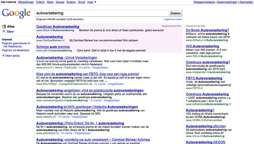 Google zoekresultaten autoverzekering, zonder Independer.nl