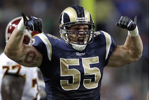 St. Louis Rams linebacker James Laurinaitis celebrates after stopping Washington Redskins running back Clinton Portis for a three-yard loss during the first quarter of an NFL football game Sunday, Sept. 26, 2010, in St. Louis. (AP Photo/Jeff Roberson)