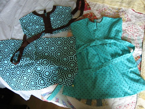 Turquoise baby dresses in progress (Simplicity 3765)