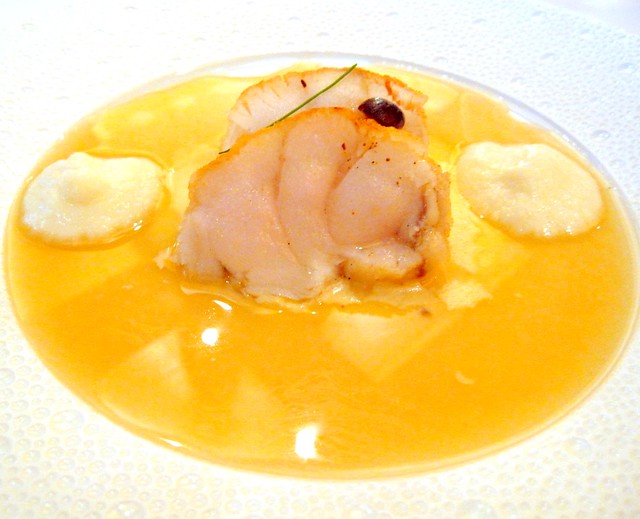 Monkfish: Pan Roasted Monkfish; Hon Shimeji Mushrooms; Turnip - Ginger Emulsion; Sake Broth