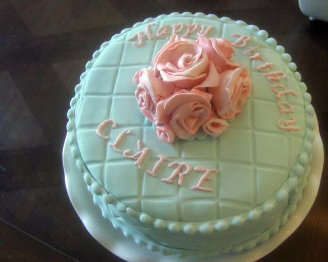 birthday cake - pink and green with roses