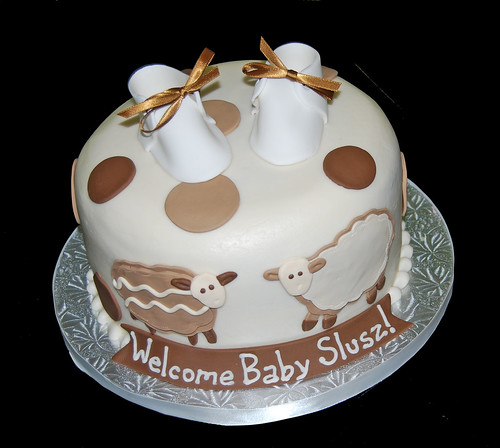 Cream and Coffee colors Sheep Baby Shower Cake with Baby Booties