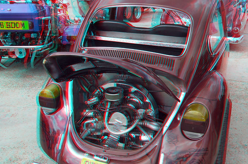 VW Beetle Customs cars and bikes ruxley Manor in anaglyph 3D stereo red