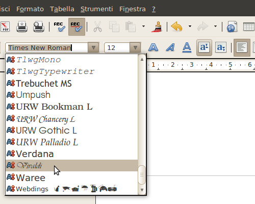 Figura 6 - Il nuovo carattere è disponibile fra quelli selezionabili in OpenOffice.