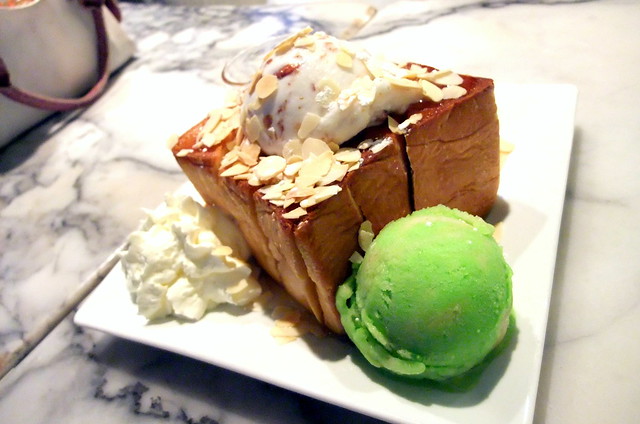 Brick Toast with Coconut-Almond Ice Cream and Pistachio Sorbet