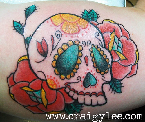 sugar candy skull roses tattoo