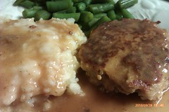 Turkey burgers and baked mashed potatoes smothered in gravy