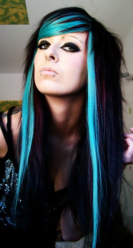 black and electric blue hair. with lue and lack hair