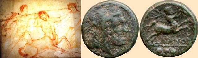 Larinum 2nd century BC coin of Greek style under Roman rule with a Centaur, and Centaur with Hercules and Deianira, fresco from Pomepeii