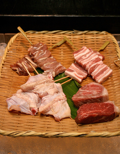 Raw meat skewers - I'm eyeing the Miyazaki A5 wagyu sirloin (bottom right)!