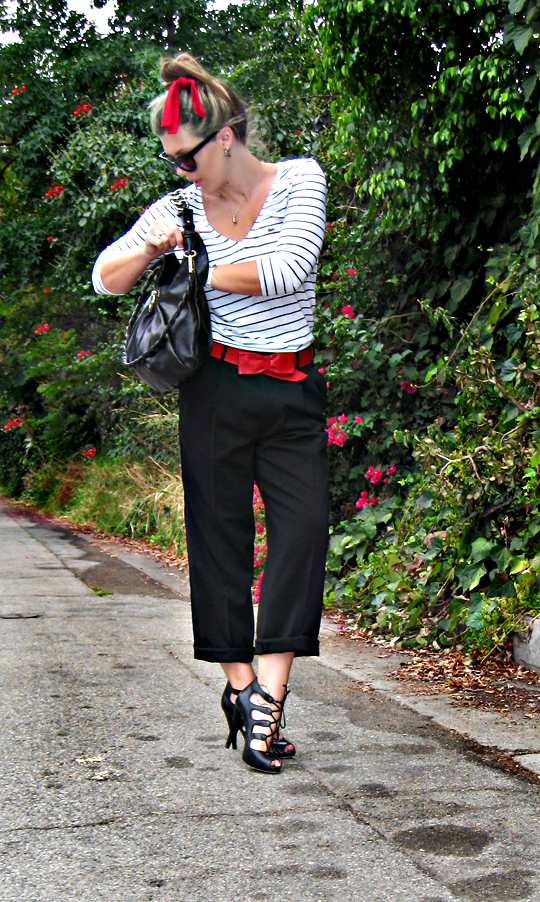 black and white and red outfit+striped lacoste shirt+oscar de la renta trousers