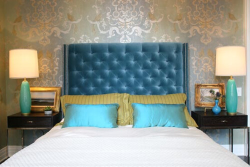 summer thornton blue velvet tufted nailhead headboard bird silver wallpaper bedroom