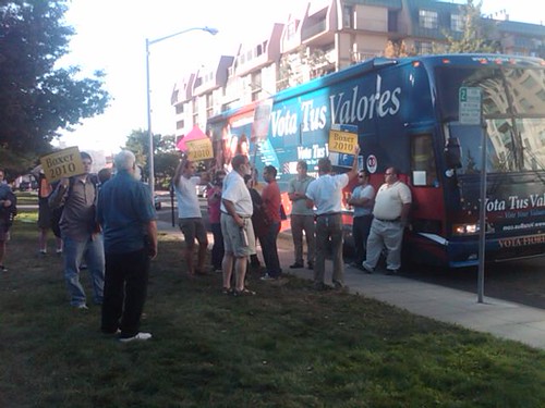 Protesters greeing the VotaBus in San Mateo