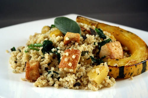Warm Millet Salad with Delicata Squash, Crispy Tofu and Spinach 
