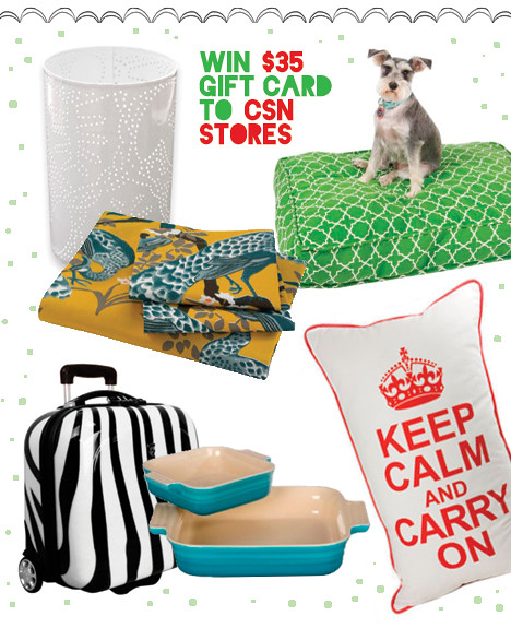 CSN Holiday Giveaway - Nov 2010, holiday giveaway, csn giveway, $35 gift card, keepcalm and carry on, pillow, notNeutral White Season Hurricanes - Set of Two lantern, cute doggy bed, dd07 - Title Track Gusseted Dog Duvet Molly Mutt, Heys USA Hardside Business Exotic eCase in Zebra briefcase,  travel, modern kitchen cookware, Le Creuset 9