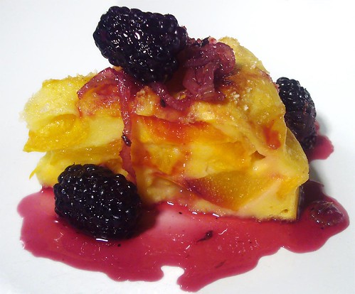 Clafoutis of peaches and apricots with caramelized fennel and blackberry-lavender sauce