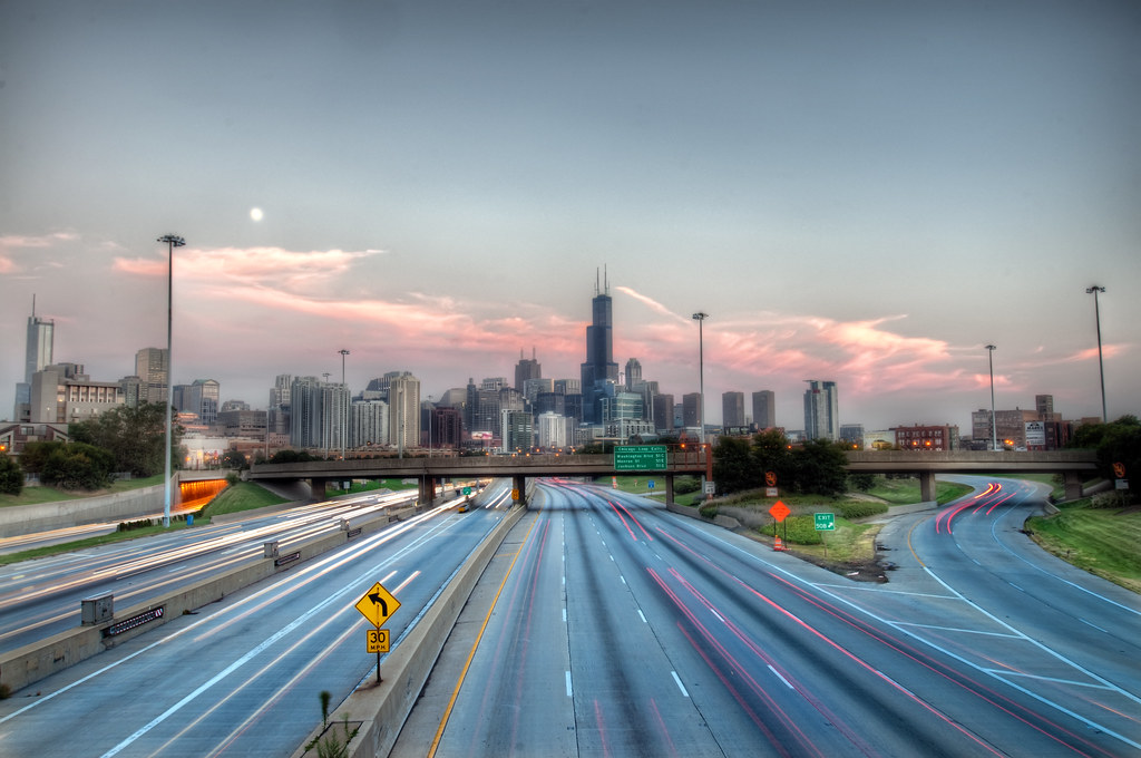 The Chicago Skyline and Highway 90 from the Chicago Ave. and the Kennedy Expressway.