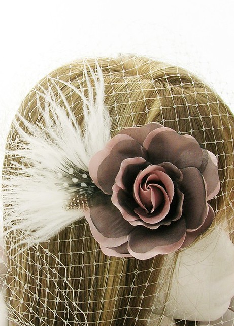 Belle Rose Purple - mauve purple rose, natural spotted guinea hen feathers, ostrich feather, Parisian, French, Oh la la, lovely, modern chic